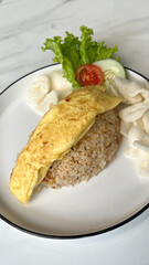 Homemade Chinese fried rice with egg and vegetables chicken and fried eggs served on a plate