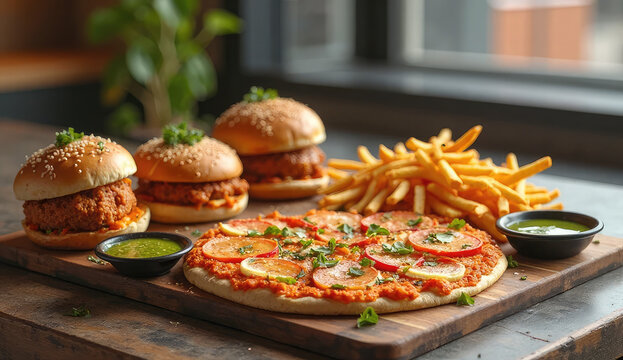 Delicious Pizza, Burgers, and Fries Combo on a Wooden Board