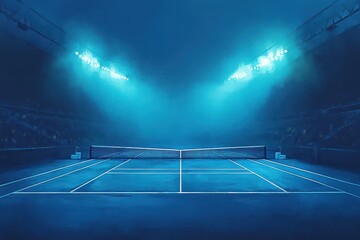Fototapeta premium Atmospheric Tennis Court Under Dramatic Blue Lighting Night Scene