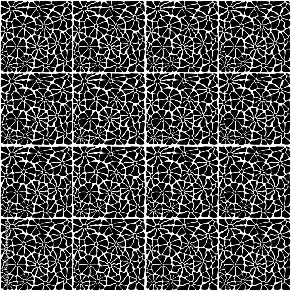 Poster pattern with monochrome flowers in groove style in square format.