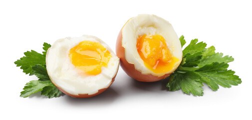 Soft boiled egg and parsley on white background