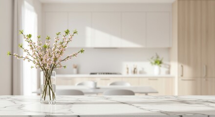 Blossom branches in vase representing freshness and purity, on marble countertop in bright kitchen