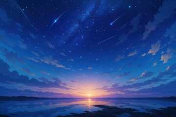 Fototapeta premium Beautiful starry night sky with meteor shower over sea