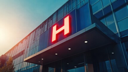 Obraz premium Modern hospital entrance with a glowing red 'H' sign. Clean lines, sleek design.