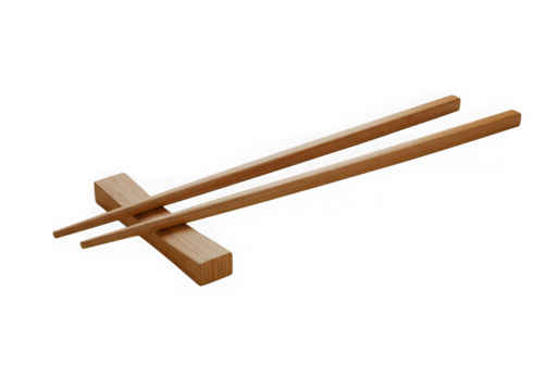 Wooden chopsticks isolated on transparent background resting on a chopstick rest for sushi, asian cuisine, or food presentation.