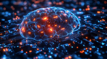 Cybernetic brain with holographic data projections, artificial intelligence network nodes, tech blue background