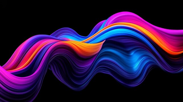 Colorful, flowing ribbons twist and blend against a stark black background