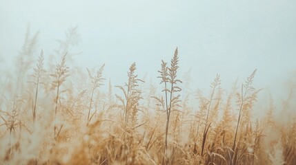 Fototapeta premium Serene Autumnal Meadow: Misty Field of Golden Grass