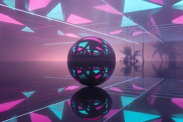 an abstract vaporwave background dominated by a large floating chrome sphere