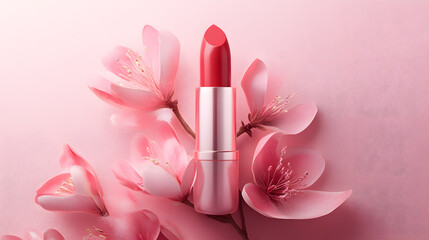 Red lipstick surrounded by pink flowers on soft pink background, creating romantic and elegant atmosphere