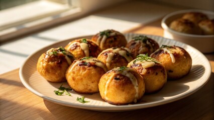 Close Up Japanese takoyaki balls drizzled with sauce topped by bonito flakes tray
