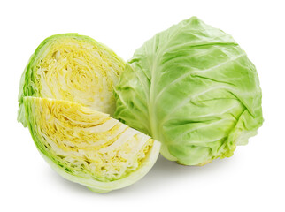 Whole and cut cabbages isolated on white