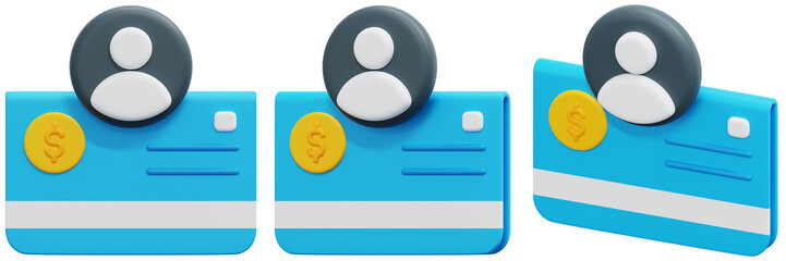 Set of 3D Illustration of Blue Bank Cards with User Profile Icons and Gold Coins 3d Render Icon Illustration