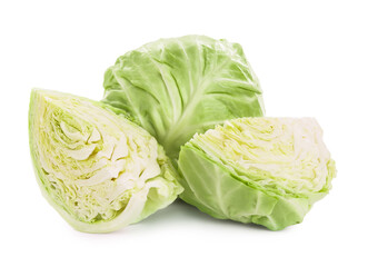 Fototapeta premium Whole and cut cabbages isolated on white