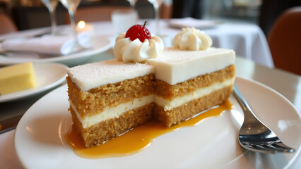 Michelin Style Coconut Tres Leches Cake Served on Beautiful Plate Elegant Restaurant Background Dessert Presentation