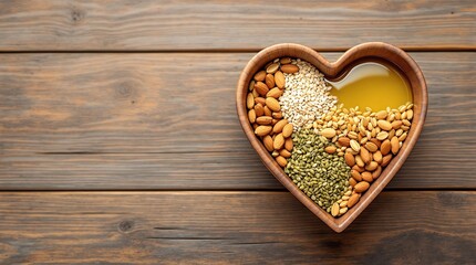 Heart shaped wooden bowl filled with healthy seeds and oil on a wooden table.