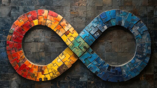 Colorful puzzle pieces form an infinity symbol on a textured background.