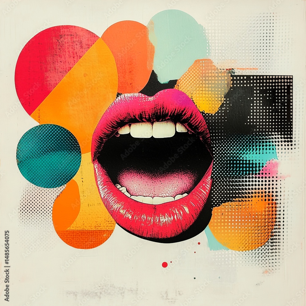 Poster a dynamic pop-inspired collage featuring halftone mouths and speech bubbles arranged on a clean ligh