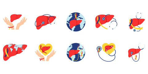 Set of world hepatitis day illustration. Liver, hepar, globe ribbon for hepatitis disease awarness. Vector isolated.