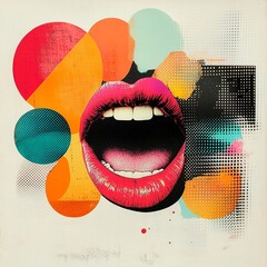 A dynamic pop-inspired collage featuring halftone mouths and speech bubbles arranged on a clean light background, highlighting themes of dialogue and communication.


