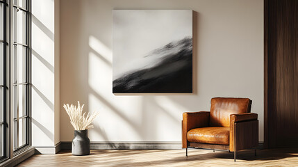 Modern living room features large abstract painting on wall, with leather armchair and vase of dried plants