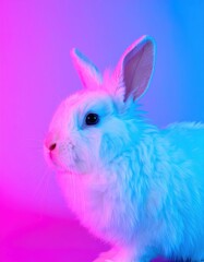 Obraz premium A fluffy white rabbit adorned with vibrant blue and pink fur patches, sitting gracefully on a soft green meadow, surrounded by colorful wildflowers.