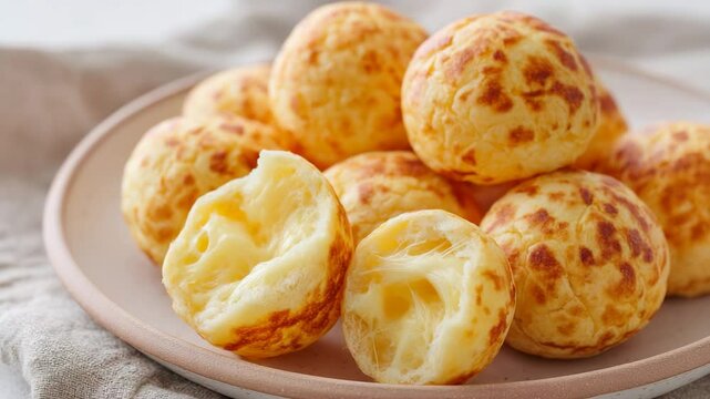 V&iacute;deo de apresenta&ccedil;&atilde;o de pequenos p&atilde;ezinhos de queijo dourados brasileiros, levemente rachados na superf&iacute;cie, um deles aberto revelando queijo derretido e el&aacute;stico