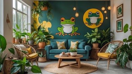 Fototapeta premium Lush greenery and whimsical frog art create serenity