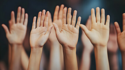 Raised hands of diverse individuals in group setting, symbolizing unity and participation