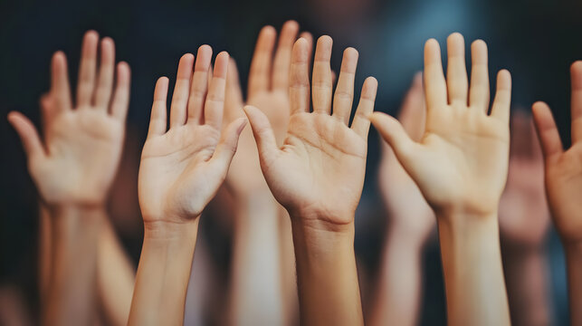 Raised hands of diverse individuals in group setting, symbolizing unity and participation