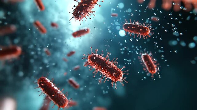 A high-detail scientific visualization of bacteria mutating under stress, demonstrating antibiotic resistance and the importance of medical research.