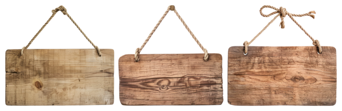 PNG Rustic wooden hanging signs, element set on transparent background
