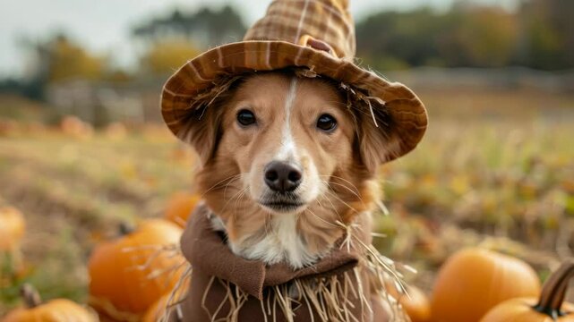 A cute dog dressed as a scarecrow sits in a pumpkin patch during autumn, surrounded by orange pumpkins and fall leaves.