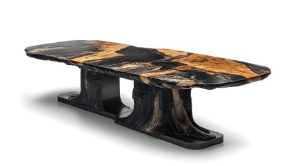 Black marble stone dining large table. Interior design concept. Isolated object on white background.