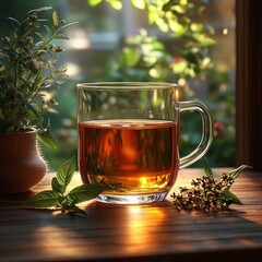 Transparent glass cup filled with amber tea on wooden surface surrounded by green herbs in natural sunlight with blurred leafy background