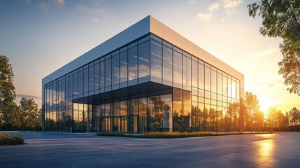Fototapeta premium Modern glass office building at sunset, urban landscape, commercial real estate, architectural design