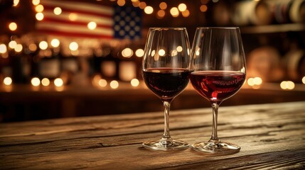 Two glasses of red wine on a wooden table with a blurred background of an American flag and lights.