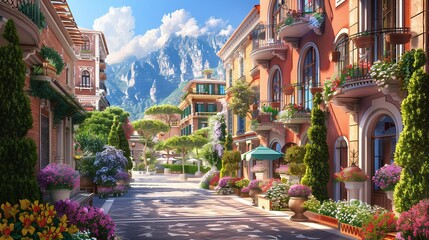 A picturesque European street, lined with ornate buildings, lush greenery, and vibrant flowers, set against a clear blue sky with majestic mountains in the distance.