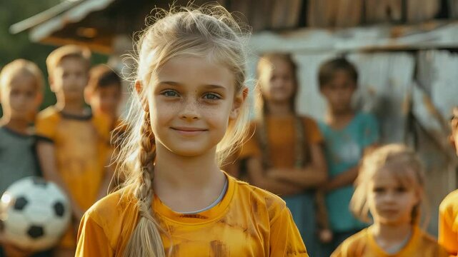 A smiling girl with braided hair stands confidently in front of her soccer teammates wearing orange jerseys outdoors.
