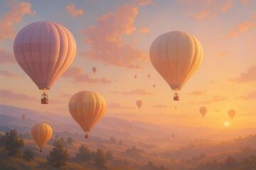 Obraz premium Hot air balloons floating over a valley at sunset