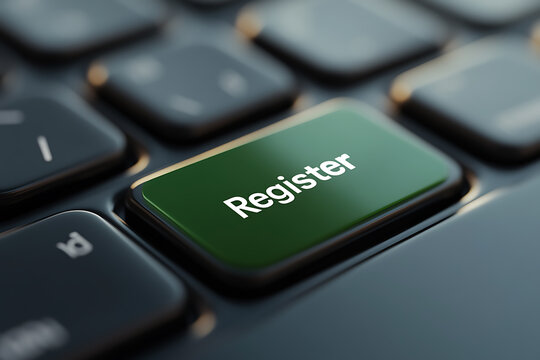 Close-up of a keyboard with a green "Register" key, symbolizing online registration, account creation, or software activation. Focus on the button.