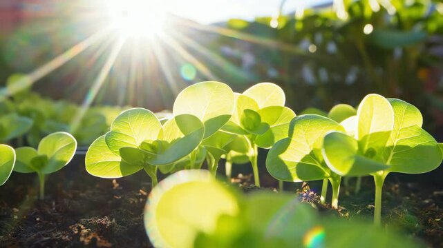 Young green seedlings in soil with sunburst light effect