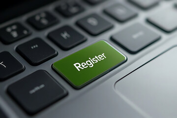 A close-up of a keyboard with a green key labeled "Register". Represents online signup, registration, and participation in digital platforms.