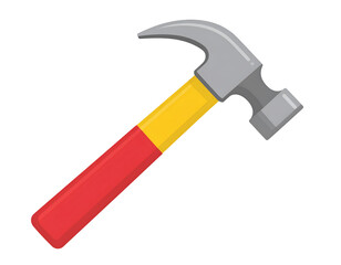 A red and yellow-handled claw hammer angled to the left
