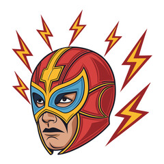Create a detailed illustration of a masked wrestler's head, featuring intense red coloring and striking lightning bolt designs.  The mask should be highly detailed and expressive.