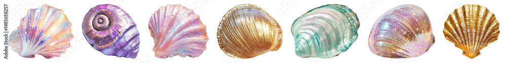 Poster png colorful seashells with iridescent patterns, element set on transparent background