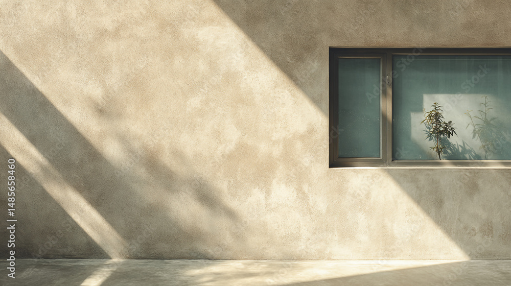 Poster light and shadow play on a textured wall with a small plant by the window in an urban setting