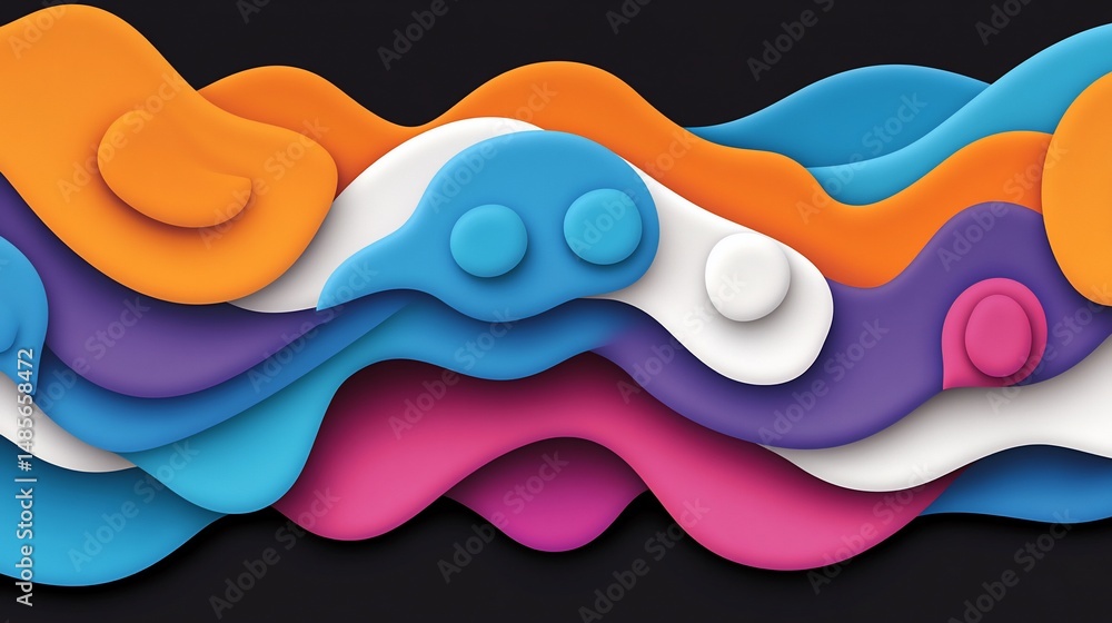 Poster Colorful layered abstract shapes with shadows and rounded edges on dark backdrop