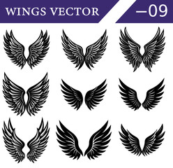 Fototapeta premium Black Wings Vector Pack for Tattoos – Gothic Feathered Angel and Devil Wing Silhouettes for Posters and Halloween Illustration Use.