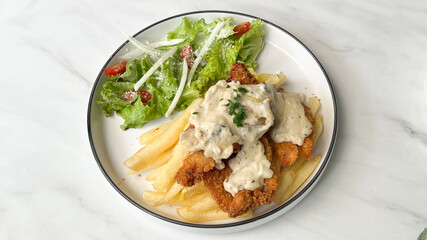 classic traditional italian chicken parmigiana with cheese, tomato sauce meal and french fries